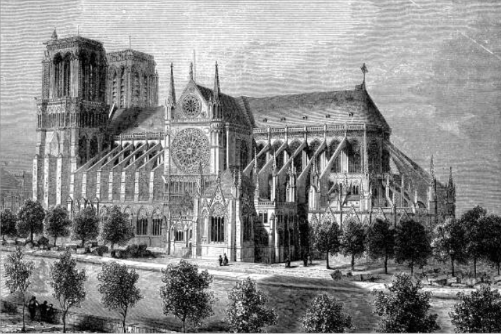 Gravure de la cathédrale de Paris, avant la construction de sa flèche au 19e siècle
