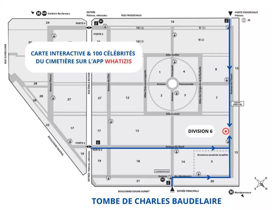 Plan du cimetière du Montparnasse avec localisation de la tombe de Charles Baudelaire (Division 6, Avenue de l'ouest, en bordure mais décalée)