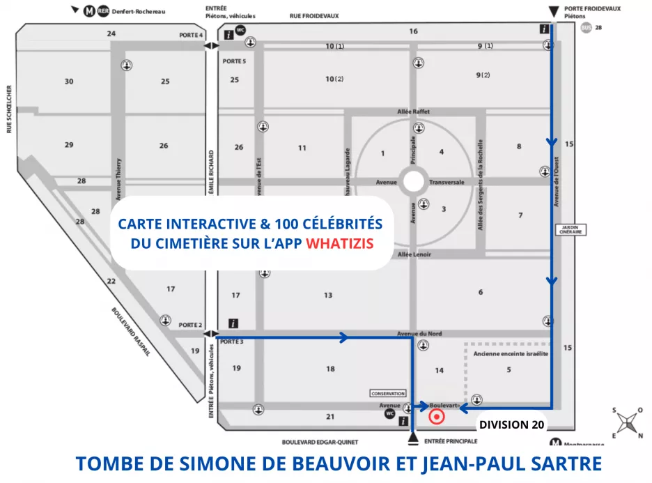 Plan du cimetière du Montparnasse avec localisation de la tombe de Simone de Beauvoir et Jean-Paul Sartre (Division 20, Avenue du Boulevard, en bordure)