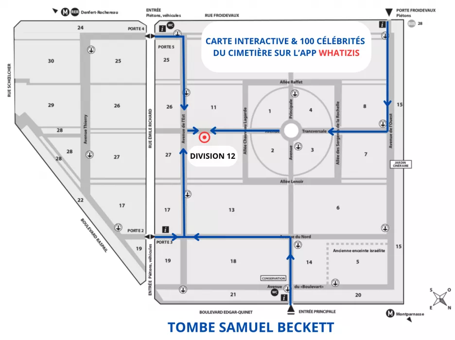 Plan du cimetière du Montparnasse avec localisation de la tombe de Samuel Beckett (Division 12, Avenue Transversale, en bordure)