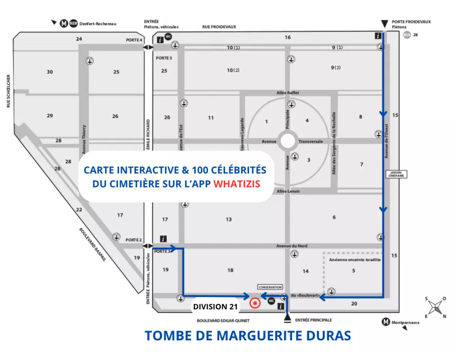 Plan du cimetière du Montparnasse avec localisation de la tombe de Marguerite Duras (Division 21, Avenue du Boulevard, en bordure)
