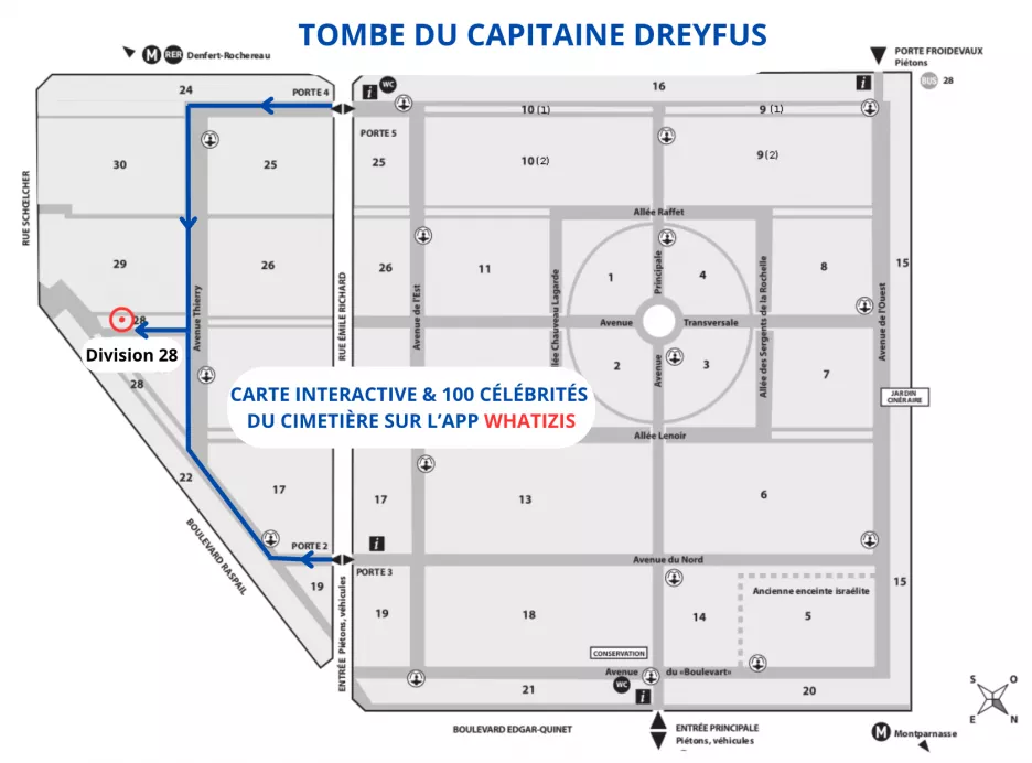 Plan du cimetière du Montparnasse avec localisation de la tombe d'Alfred Dreyfus (Division 28)