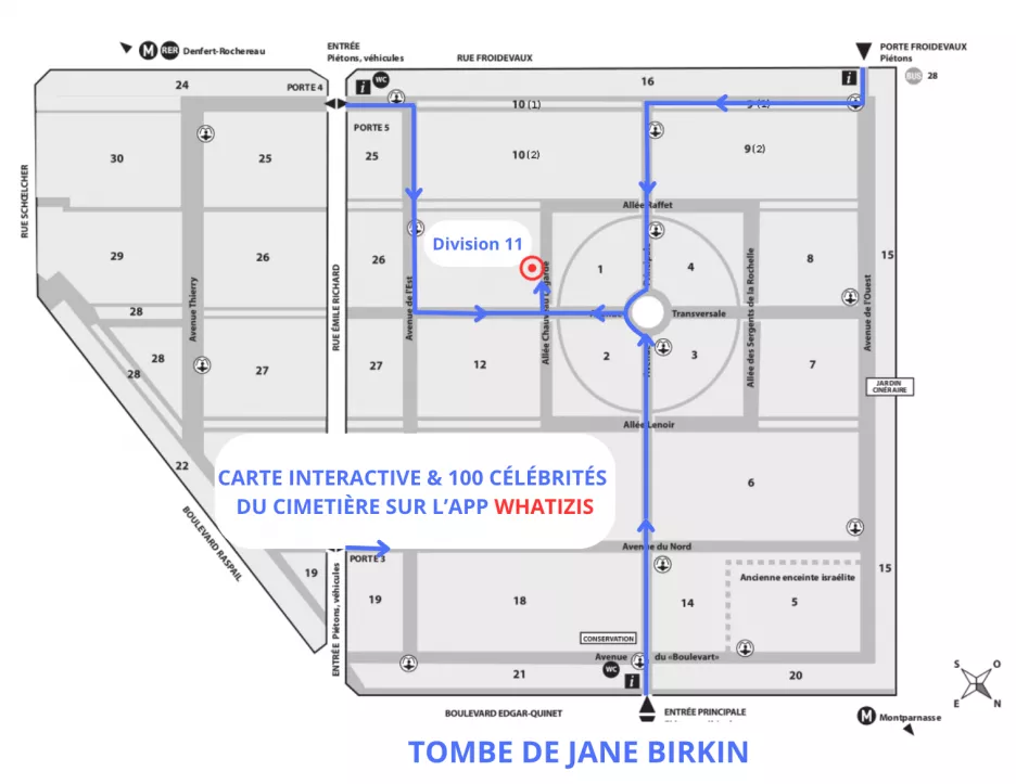 Plan du cimetière du Montparnasse avec localisation de la tombe de Jane Birkin (Division 11, Avenue Chauveau Lagarde, en bordure)