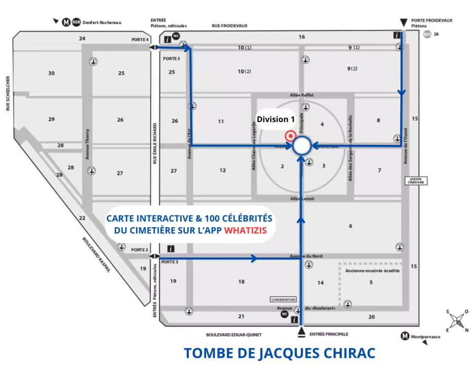 Plan du cimetière du Montparnasse avec localisation de la tombe de Jacques Chirac (Division 1, rond point, en bordure, croisement de l'avenue Principale et de l'avenue Transversale)