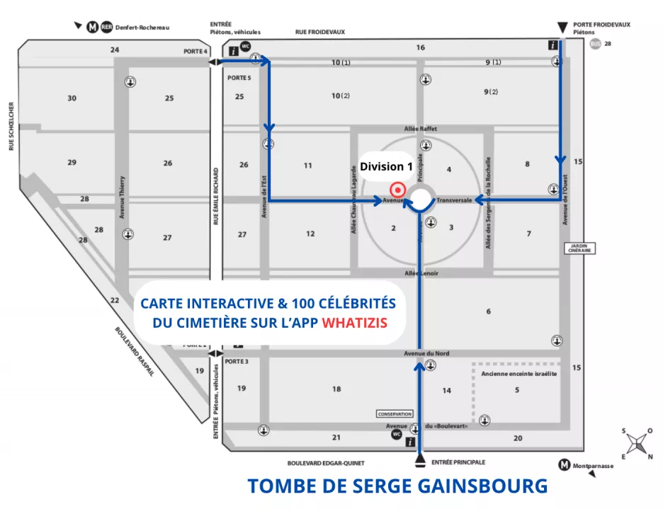 Plan du cimetière du Montparnasse avec localisation de la tombe de Serge Gainsbourg (Division 1, Avenue Transversale, en bordure)