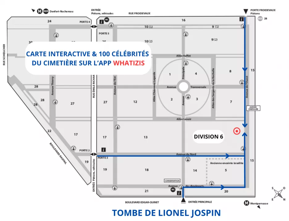 Plan du cimetière du Montparnasse avec localisation de la tombe de Lionel Jospin (Division 6, Avenue de l'Ouest, 4ème rang)