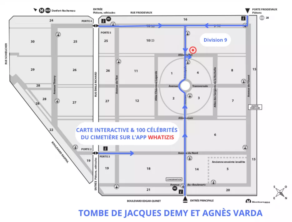 Plan du cimetière du Montparnasse avec localisation de la tombe de Jacques Demy et Agnès Varda (Division 9, Allée Raffet, en bordure)