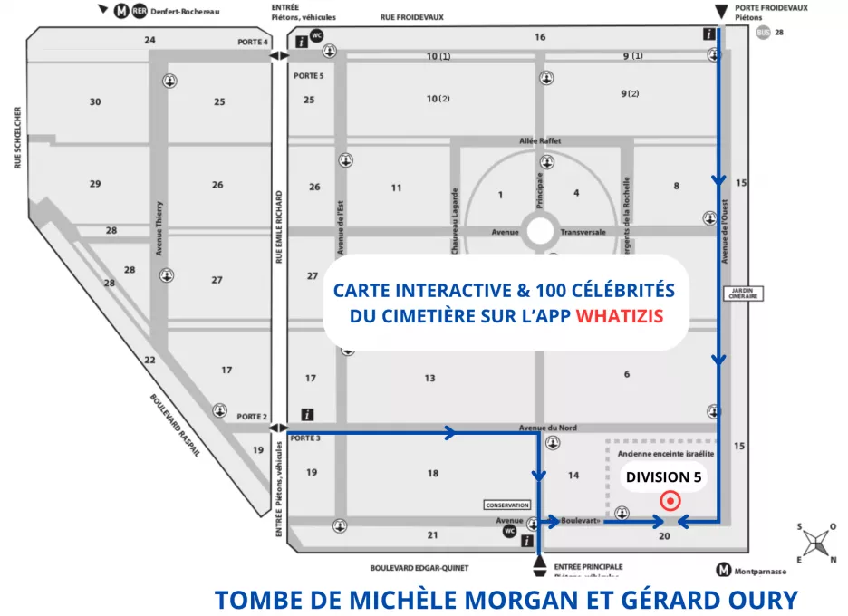 Plan du cimetière du Montparnasse avec localisation de la tombe de Michèle Morgan et Gérard Oury (Division 5, Avenue du "Boulevart", rang 3)