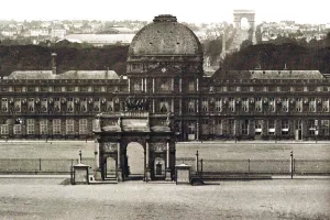 L'arc de triomphe du carrousel servant de porche d'entrée au château des Tuileries avant sa destruction. Photo noir et blanc du 19è siècle