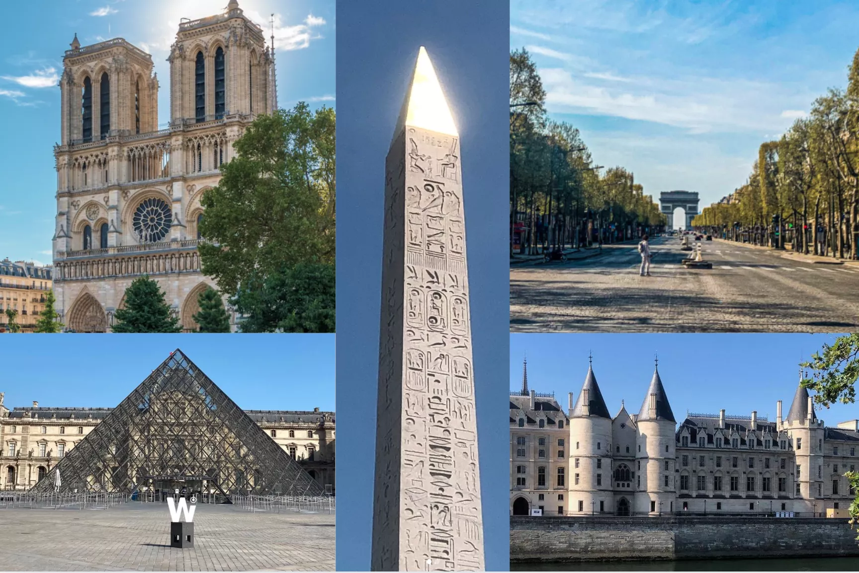 Cinq monuments incontournables du parcours : Notre-Dame, la pyramide, l'obélisque, la Conciergerie, l'Arc de Triomphe © Whatizis